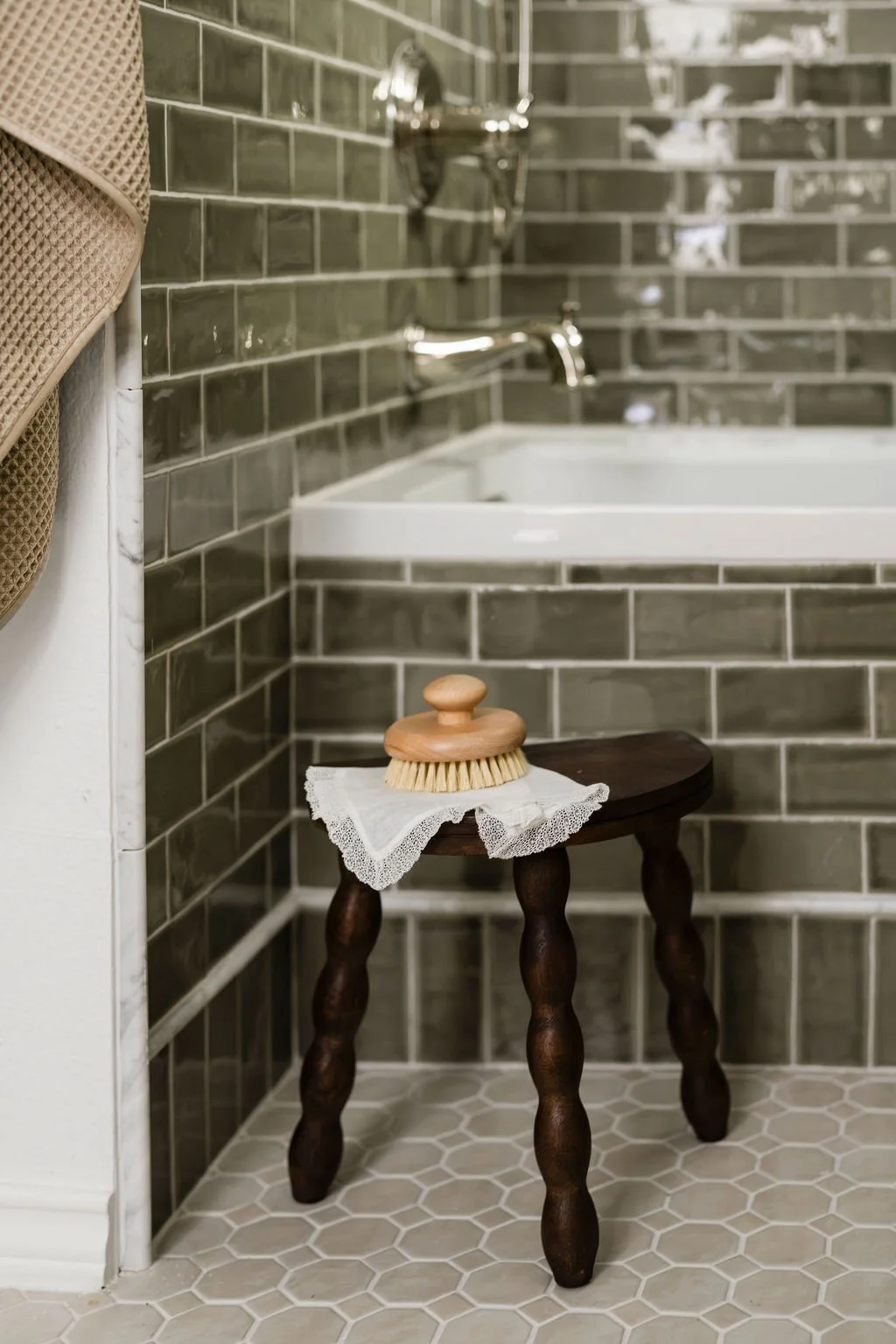 Olive Green Tub Skirt. Primary Bathroom Remodel South Austin by Iris & Ivy Interiors.