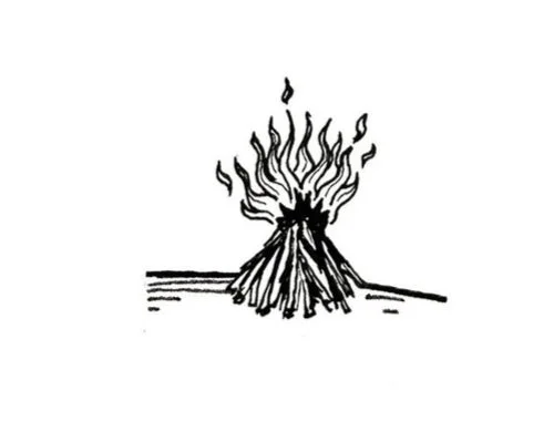 Drawing of a campfire with flames and logs on the ground.