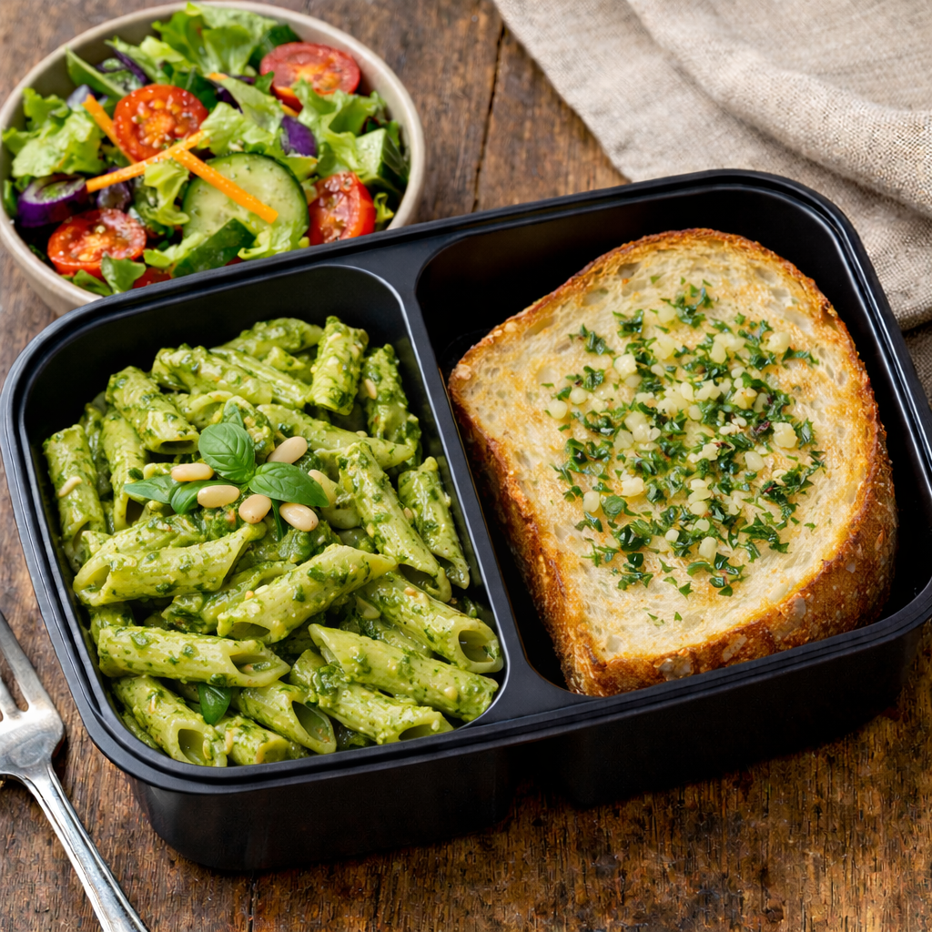 Pesto Pasta with Garlic Sourdough Bread and Community Garden Salad