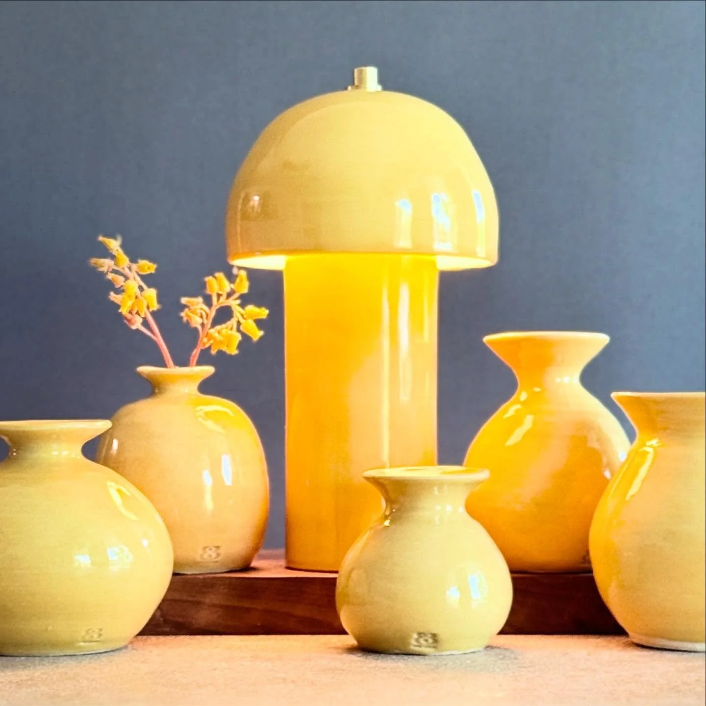 Golden hour. The little mushroom lamp is the star of the group. 
#bbccpottery #yellowmood #handmadelamp