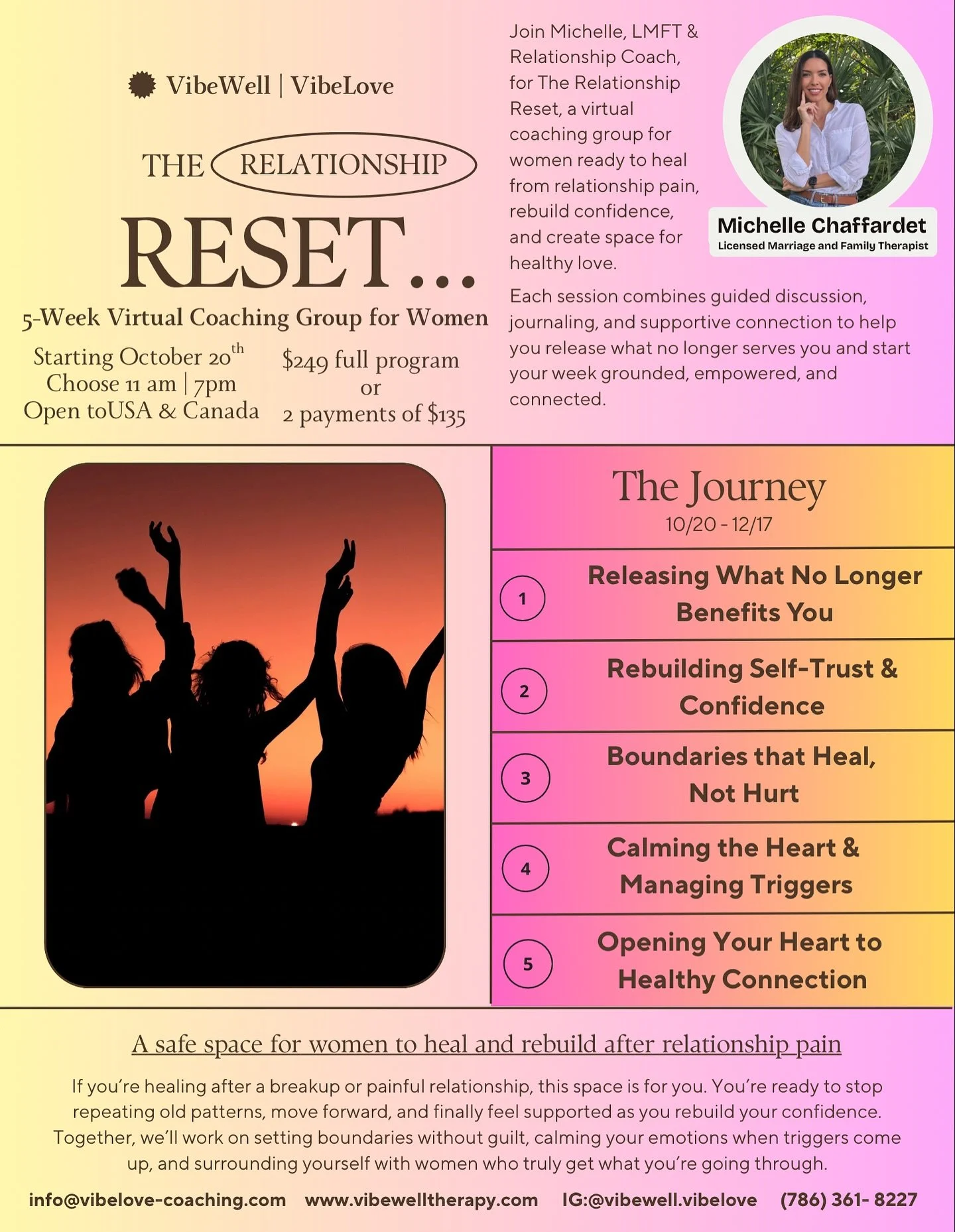 💞 The Relationship Reset 🌿
Starts next Monday!

If you&rsquo;ve been feeling stuck after a breakup or painful relationship, this is your sign. 💔

Join me for a 5-week virtual coaching group designed to help women heal, rebuild confidence, and crea