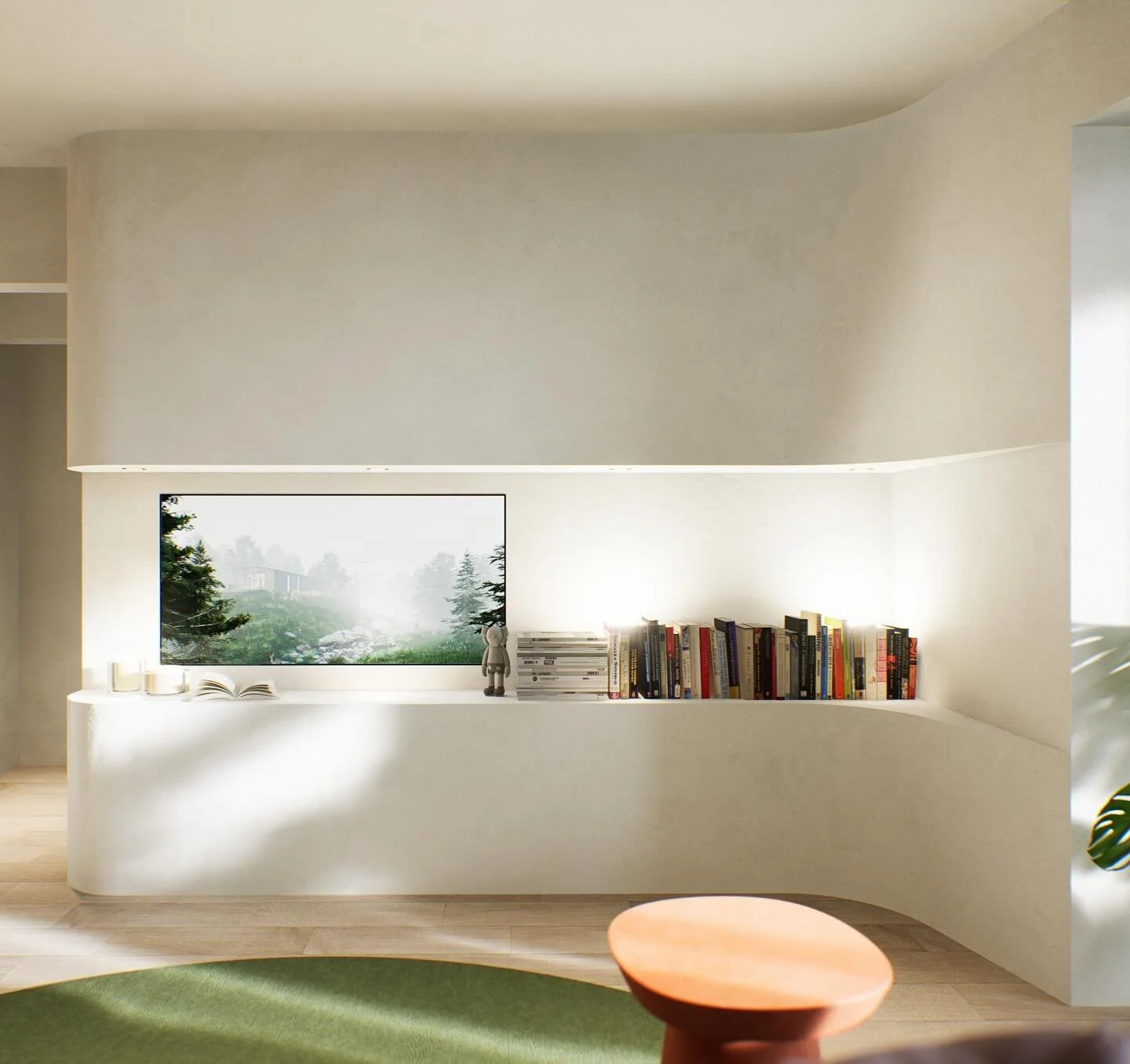 You may remember a powder blue bookshelf. That has now become this gorgeous undulating wall with a cove to make the TV feel a bit more considered, along with a place for our client to keep books and knickknacks. 

#LA #Condodesign #interiordesign #in