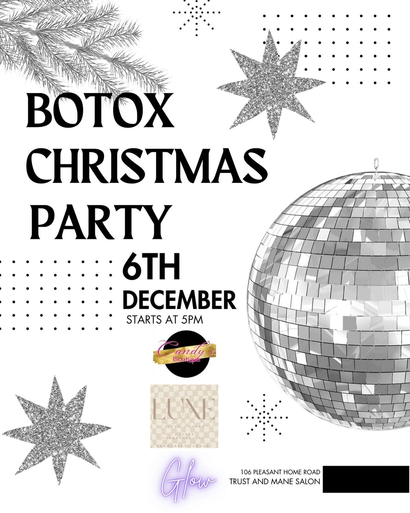 🎄 Botox Christmas Party 🎄
&bull;Dec 6th @ 5:00-7:00!!!!! 🎅🏻
@injectorpeachrn with @glownorthaugusta is 
Blessings us with 9 a Unit!!!!!! 🎅🏻🎅🏻🎅🏻
@its_candys_boutique will have the Custest Apparel!!!
@luxelocks_links is doing the best Permane