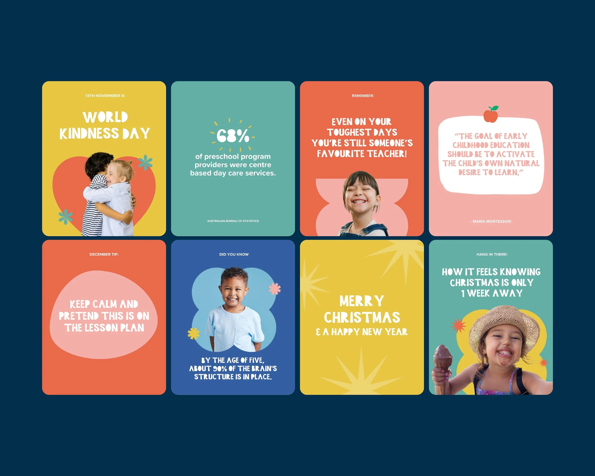 A colorful collage of nine square panels with children and text about childhood, education, and holidays, with a dark blue background.
