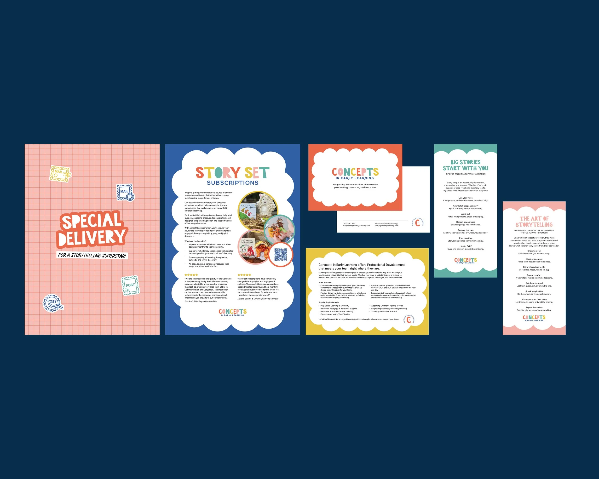 A series of colorful printed marketing materials including flyers and brochures for a storytelling and early childhood education program, with text and graphics on a dark blue background.