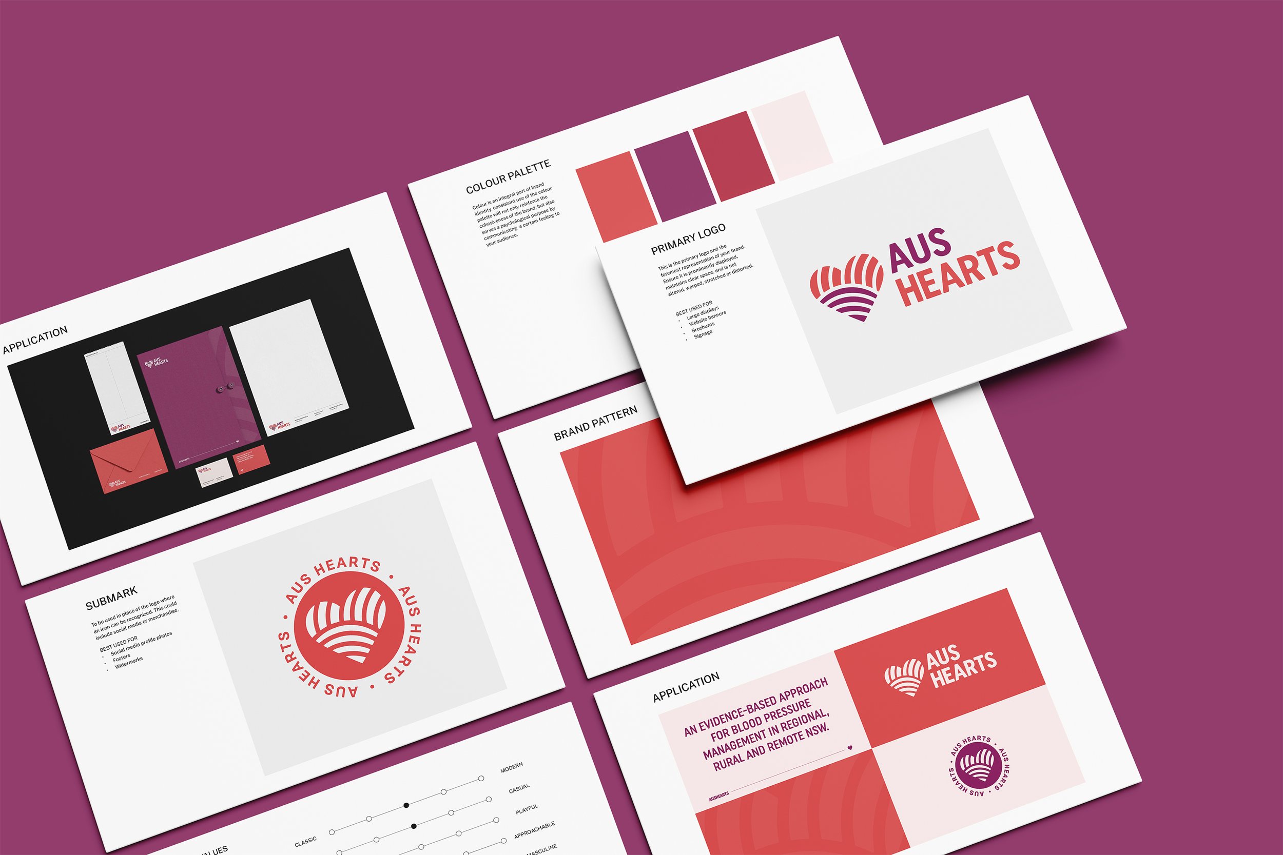 Brand development presentation for AUS Hearts featuring logo designs, color palette, patterns, and application examples on purple background.