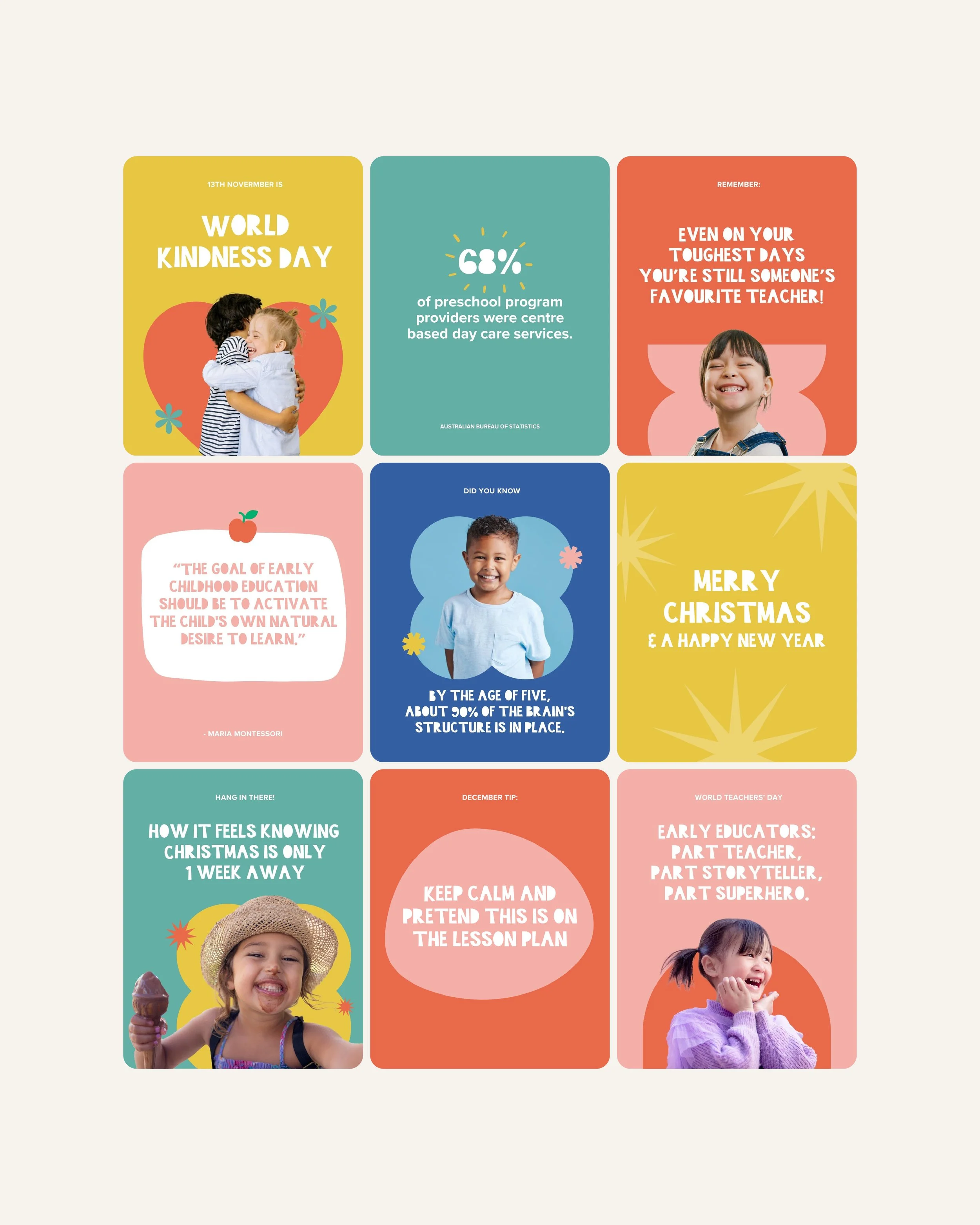 Colorful infographic with facts and quotes about early childhood education and kindness, including images of children and holiday greetings for Christmas and New Year.