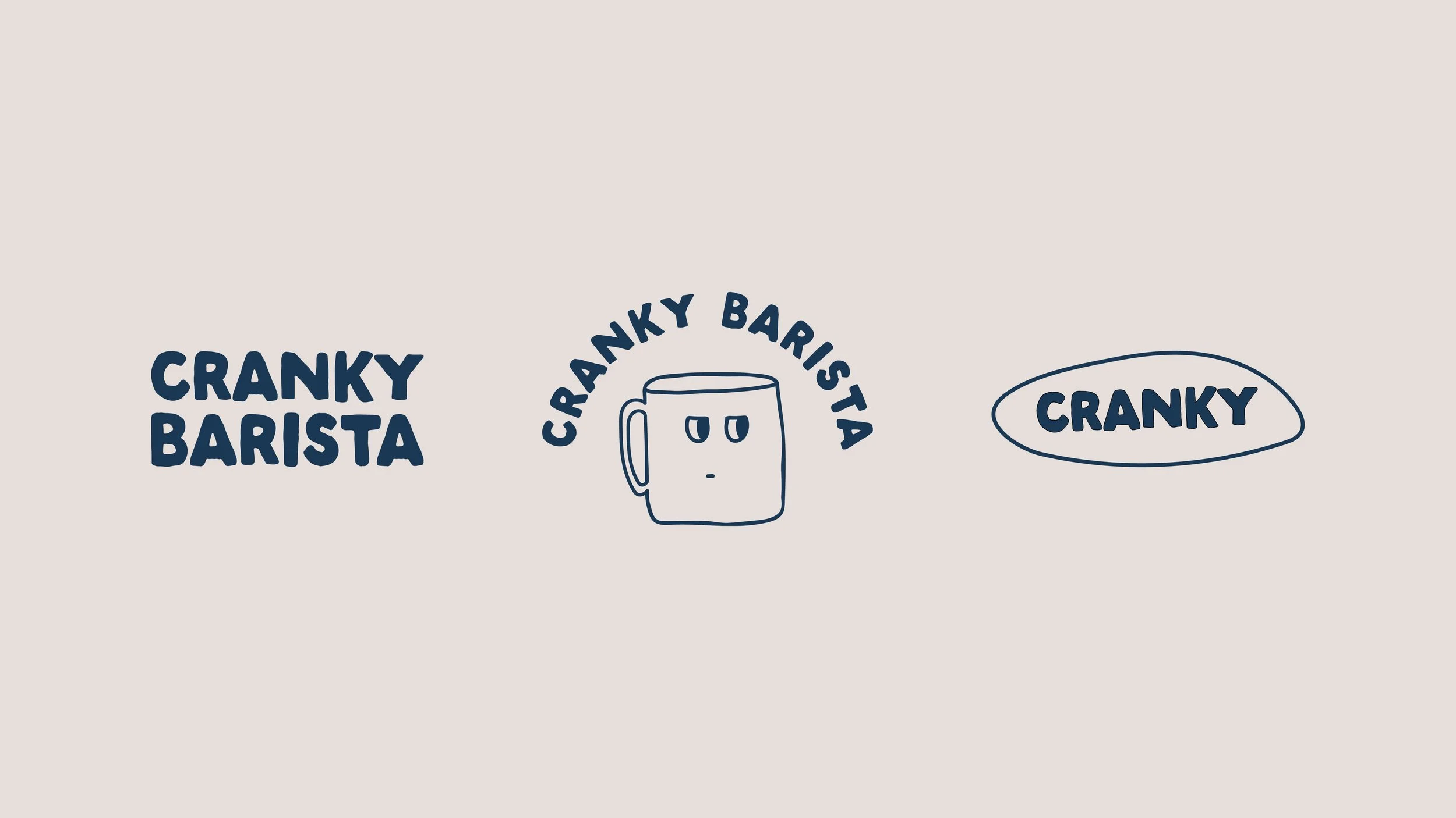 Minimalist drawing with the words 'Cranky Barista' on the left, a simple sketch of a mug with a face and the words 'Cranky Barista' curved above it in the center, and the word 'Cranky' inside a speech bubble on the right.