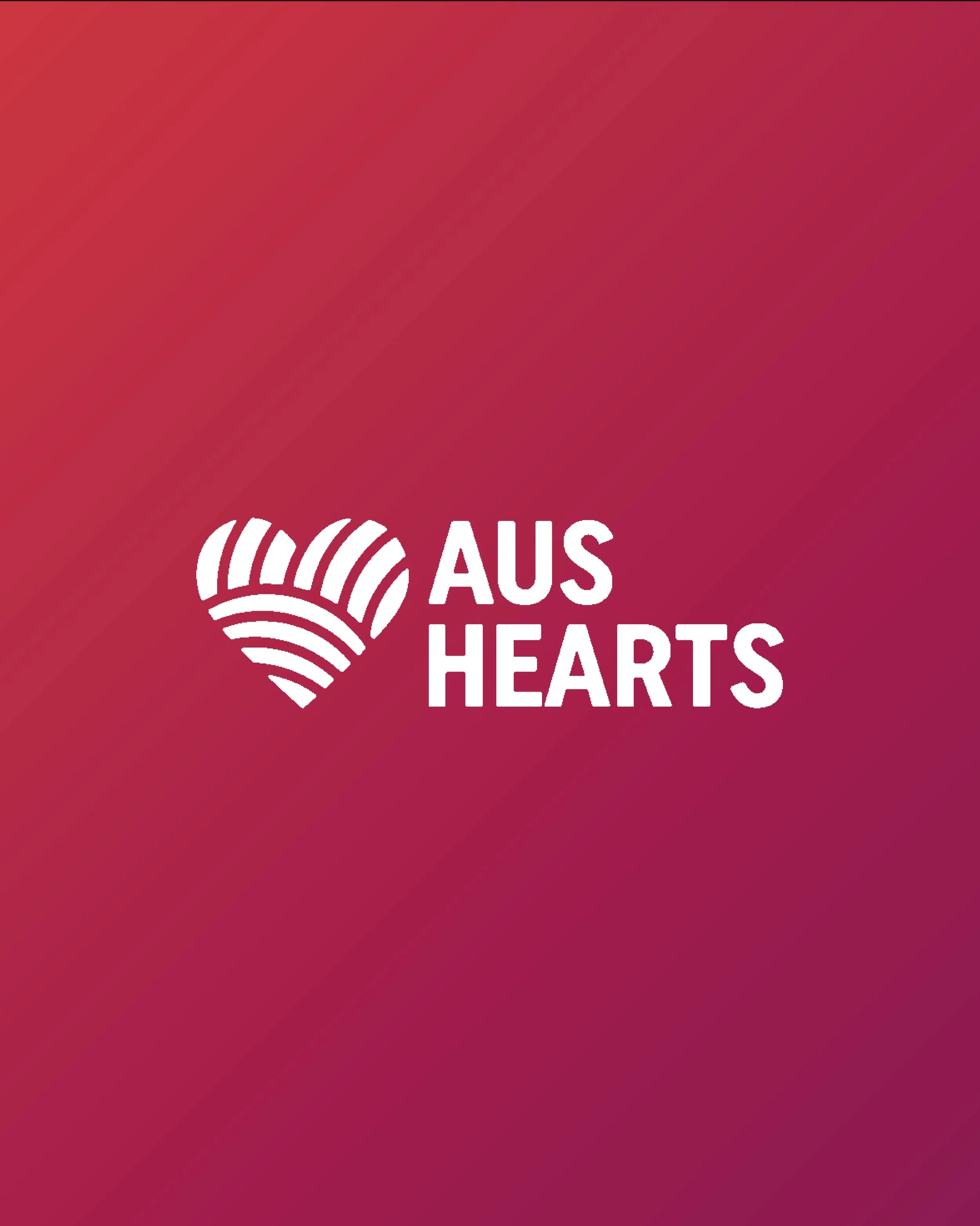 Logo for AUS HEARTS featuring a stylized heart with lines and the text 'AUS HEARTS' against a pink and purple gradient background.