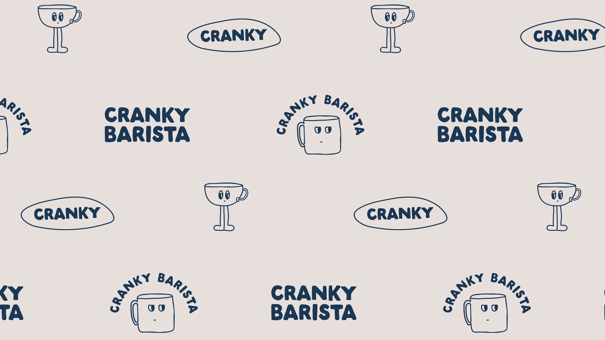 Pattern with illustrations of coffee mugs, some with faces, and text that says 'Cranky' and 'Cranky Barista' in a repeating pattern.