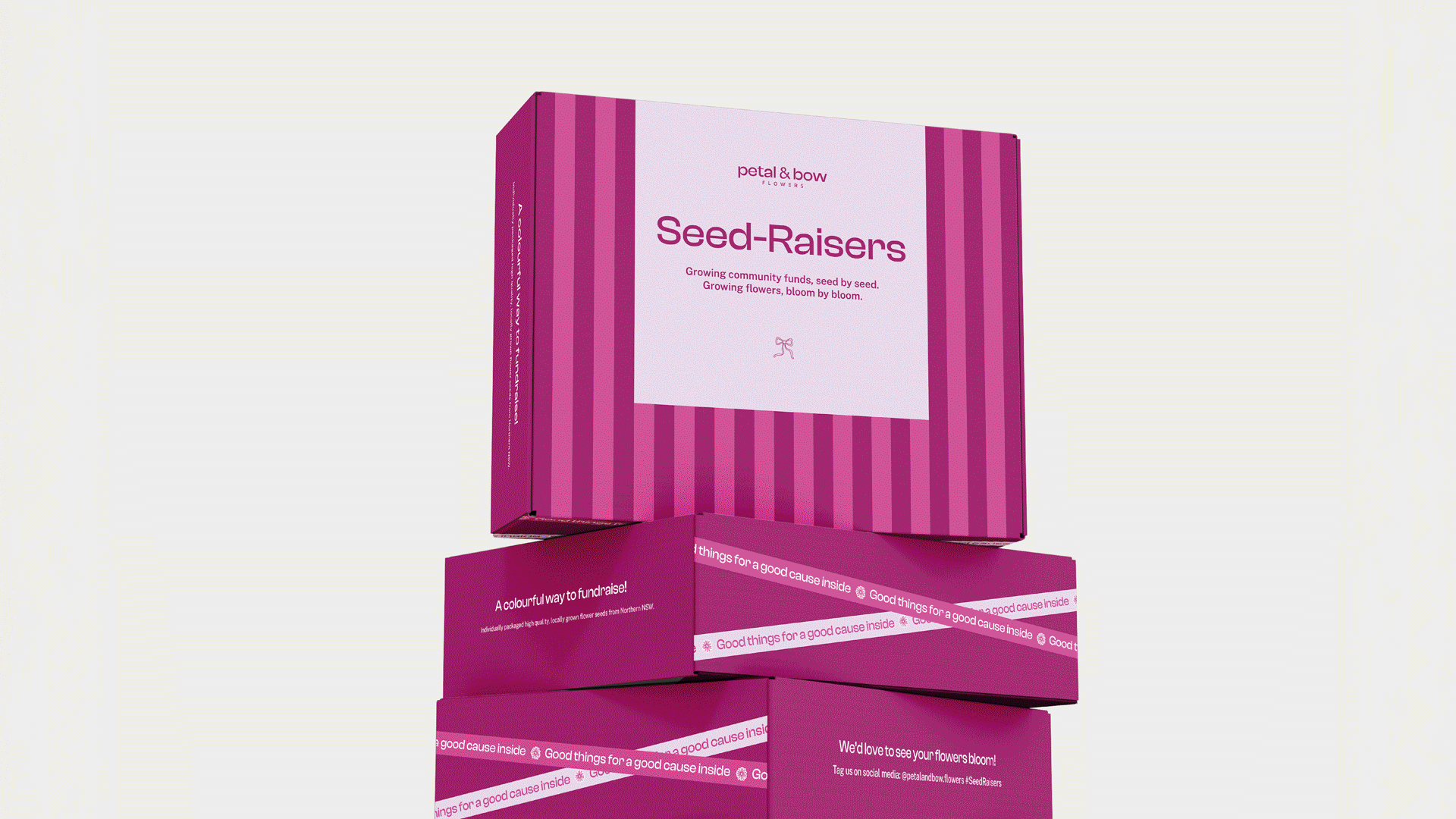 Stacked pink boxes with the top box displaying the words 'Petal & Bow Flowers, Seed-Raisers, Growing community funds, seed by seed. Growing flowers, bloom by bloom' on the front.
