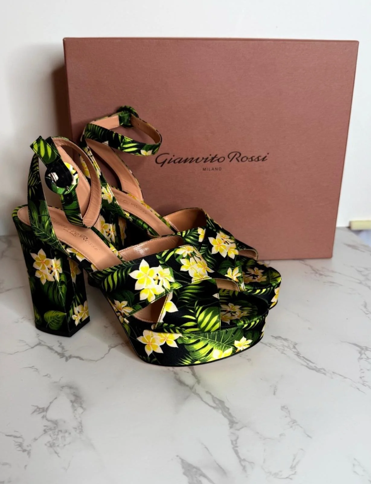 Gianvito Rossi Roxy Frangipani Floral Platform Sandals | Size 38.5 (Approx US Women's 7.5)