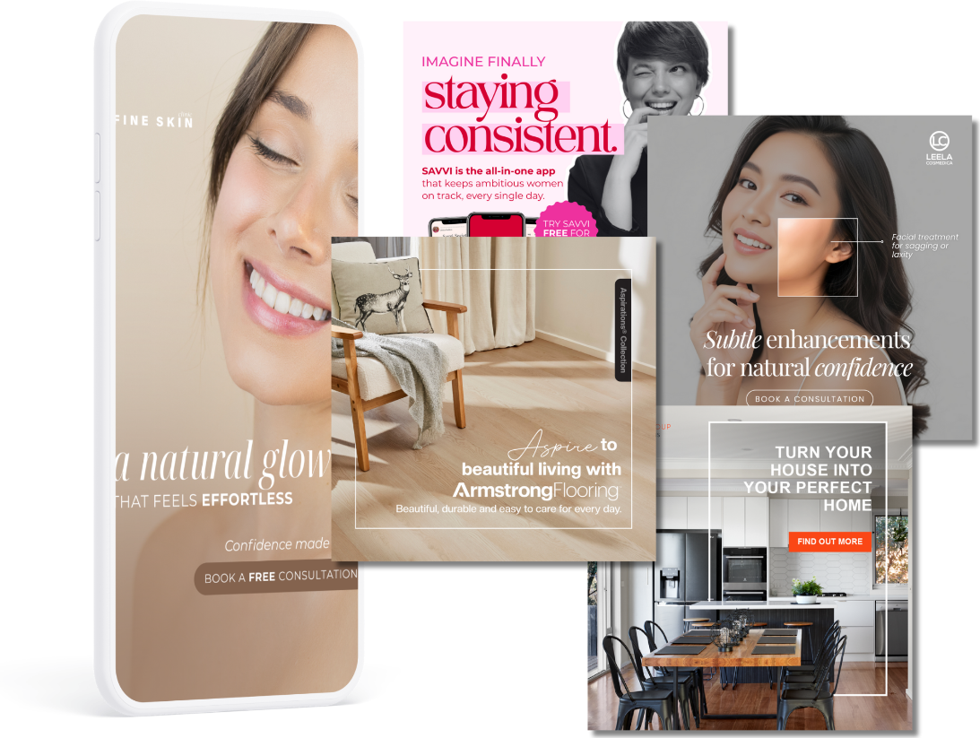 Collage of various advertisements including a smiling woman, a person with short hair, a cozy living room with a chair and blanket, an indoor kitchen and dining area, and texts promoting skin care, confidence, flooring, and home improvement.