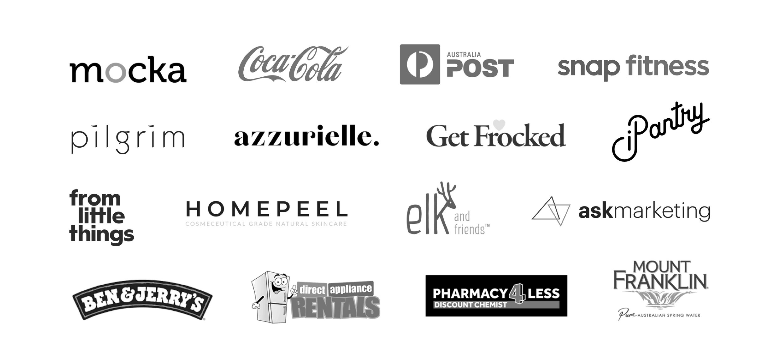Collage of brand logos including Coca-Cola, Australia Post, Snap Fitness, Ben & Jerry's, and others.
