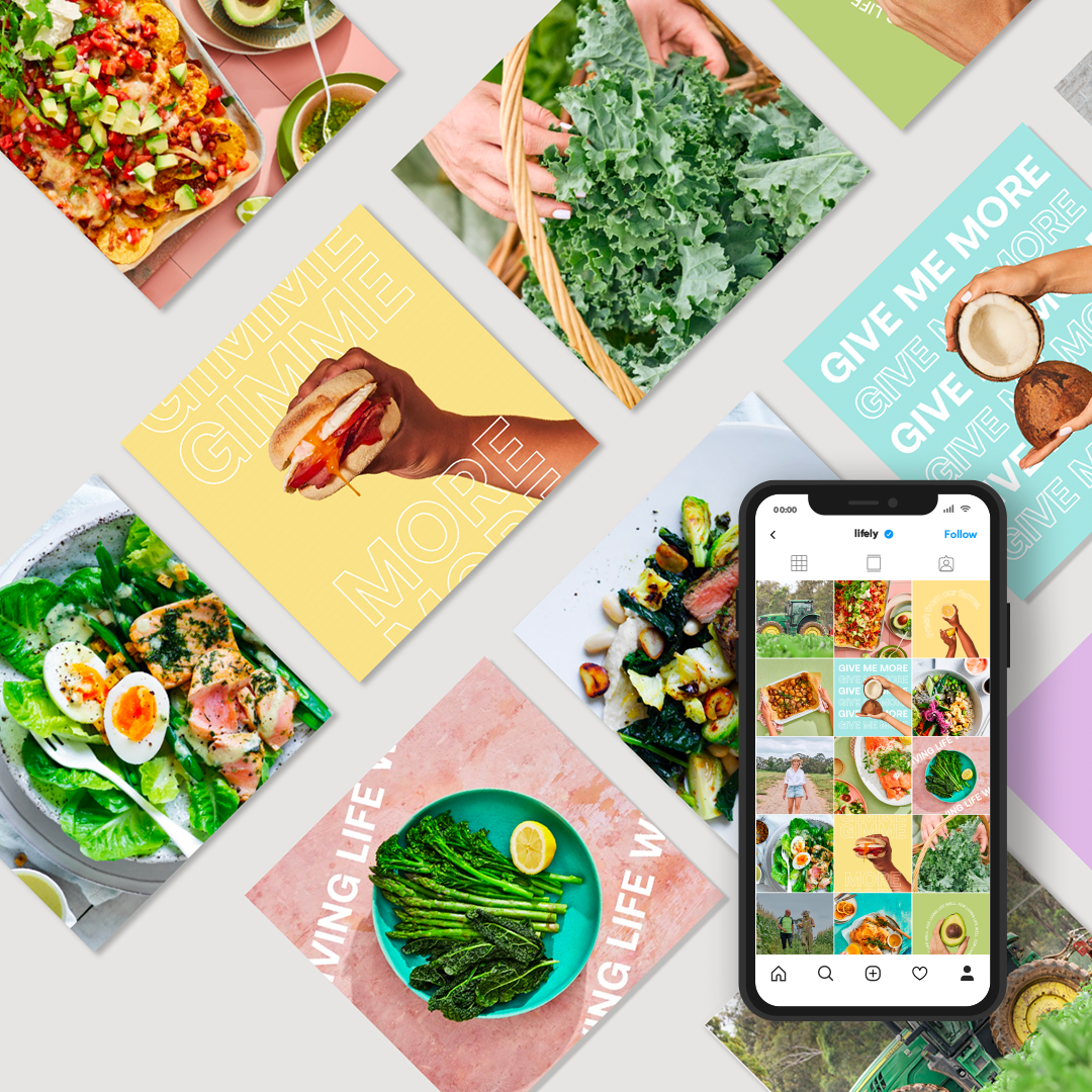 Collage of food and lifestyle images with phone displaying Instagram grid.