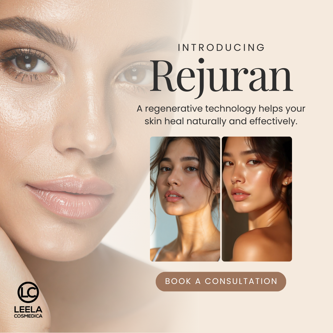 Promotional poster for Rejuran skin rejuvenation, featuring close-up of a woman's face with flawless skin, and smaller images of two women with glowing skin. Includes a call-to-action button to book a consultation and the Leela Cosmedica logo.