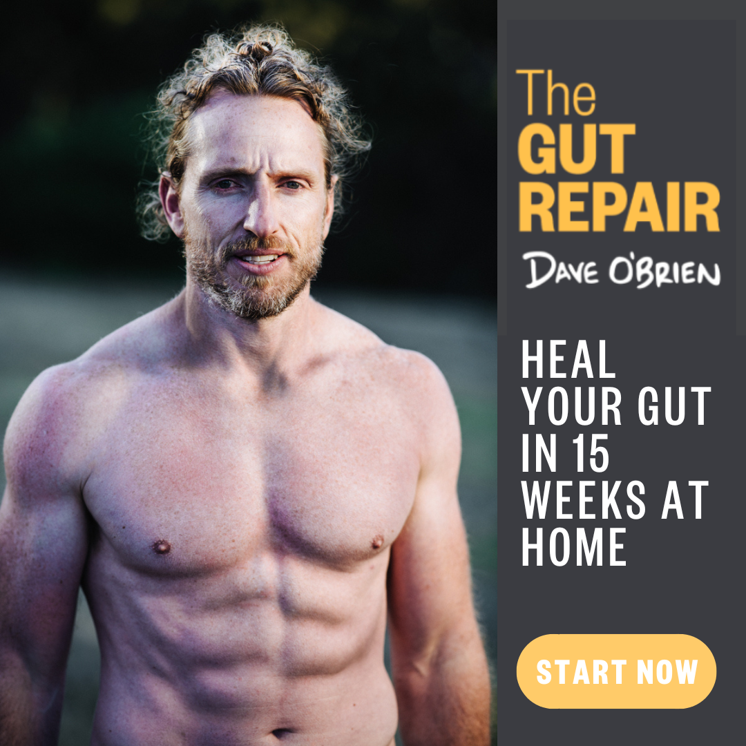Shirtless man with muscular build and curly hair standing outside, featured in an advertisement for "The Gut Repair" program by Dave O'Brien, promoting gut healing in 15 weeks at home, with a "Start Now" button.