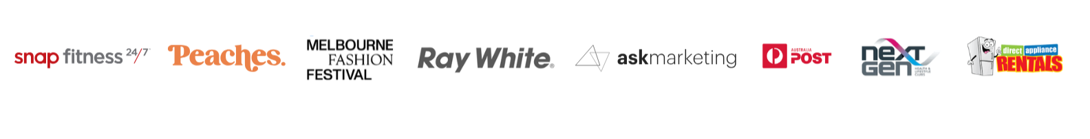 A series of logos for various companies and events, including Snap Fitness, Peaches, Melbourne Fashion Festival, Ray White, ask marketing, Australia Post, Next Gen, and Direct Appliance Rentals.