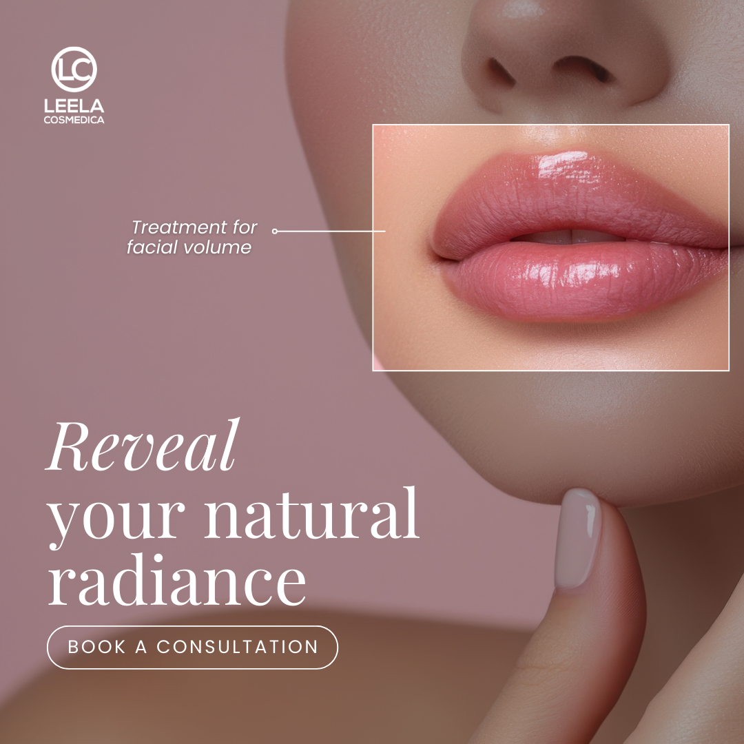 Close-up of a woman's lips with glossy pink lipstick and makeup, with text indicating a facial volume treatment and a call to book a consultation.