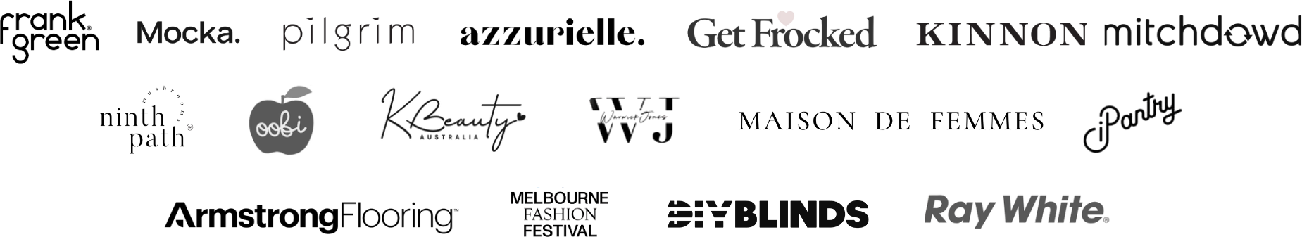 A colorful logo with the words 'Frank Green', a menu options including 'Make a Pay', 'Get Help', and 'Order', along with icons for an apple labeled 'oobi', a stick figure, and the text 'Kyoto' and 'Ray White' at the bottom.