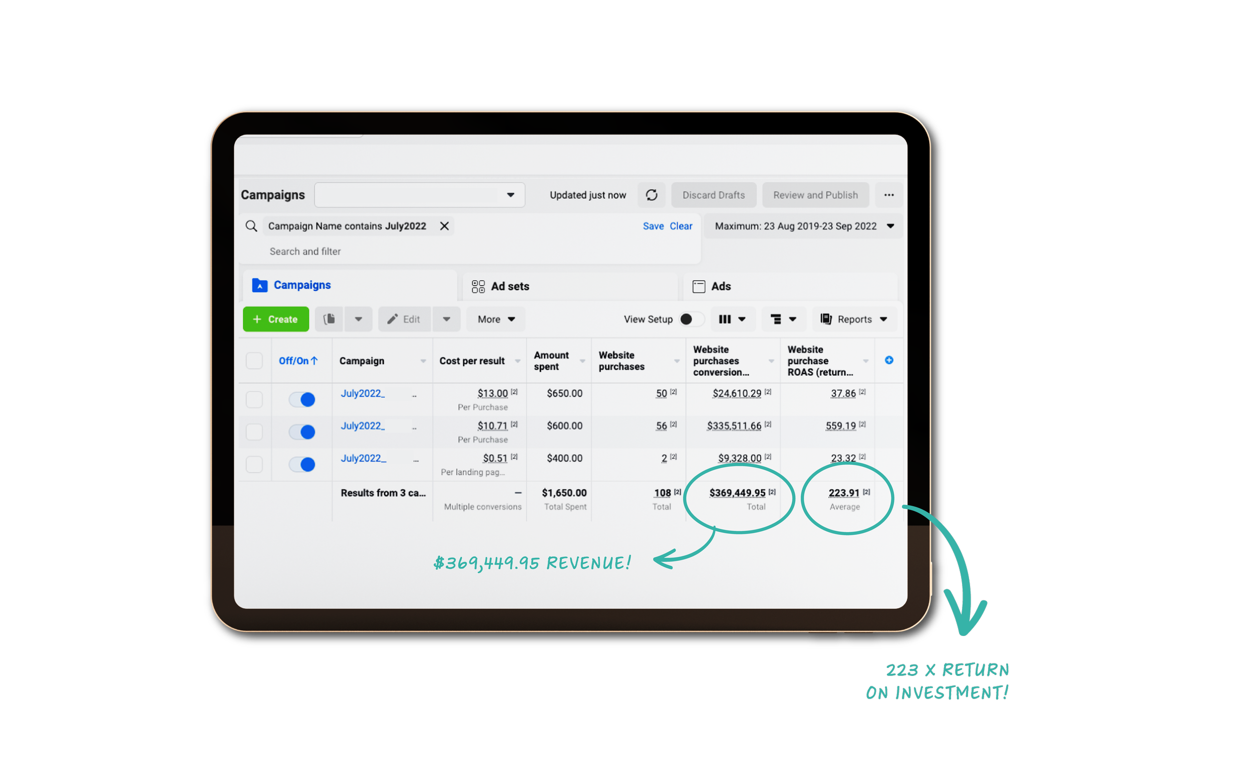 Digital marketing dashboard showing campaign results with metrics like revenue and ROI highlighted, displaying $369,449.95 total revenue and 223.91 average return on investment.