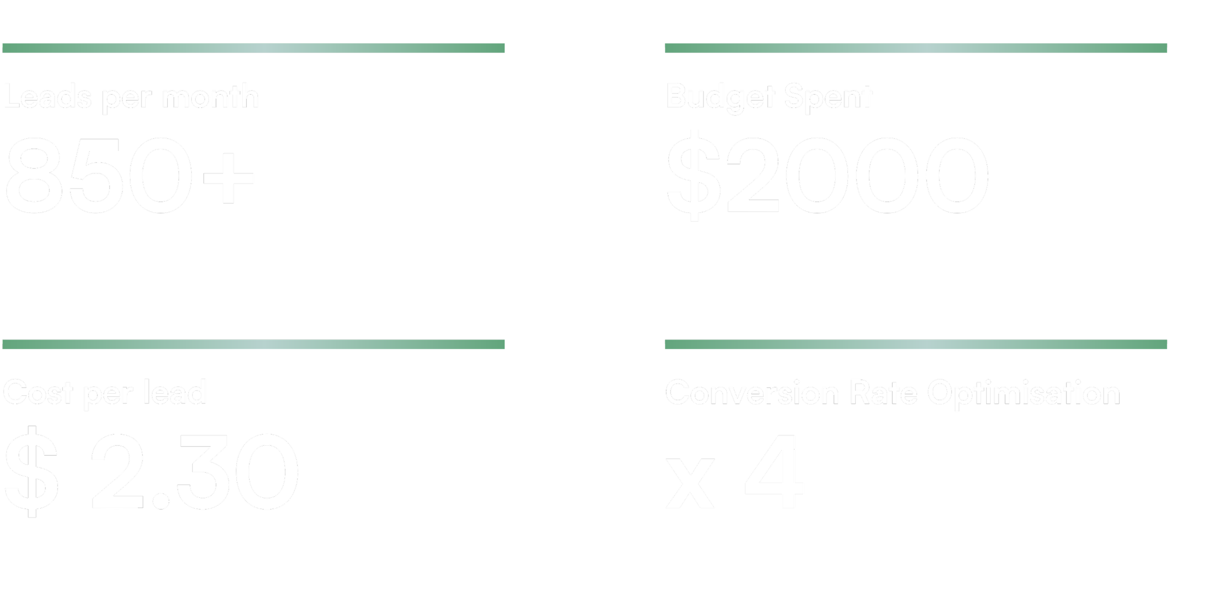Marketing performance metrics showing over 850 leads per month, $2000 budget spent, $2.30 cost per lead, and a conversion rate optimization of 4x.