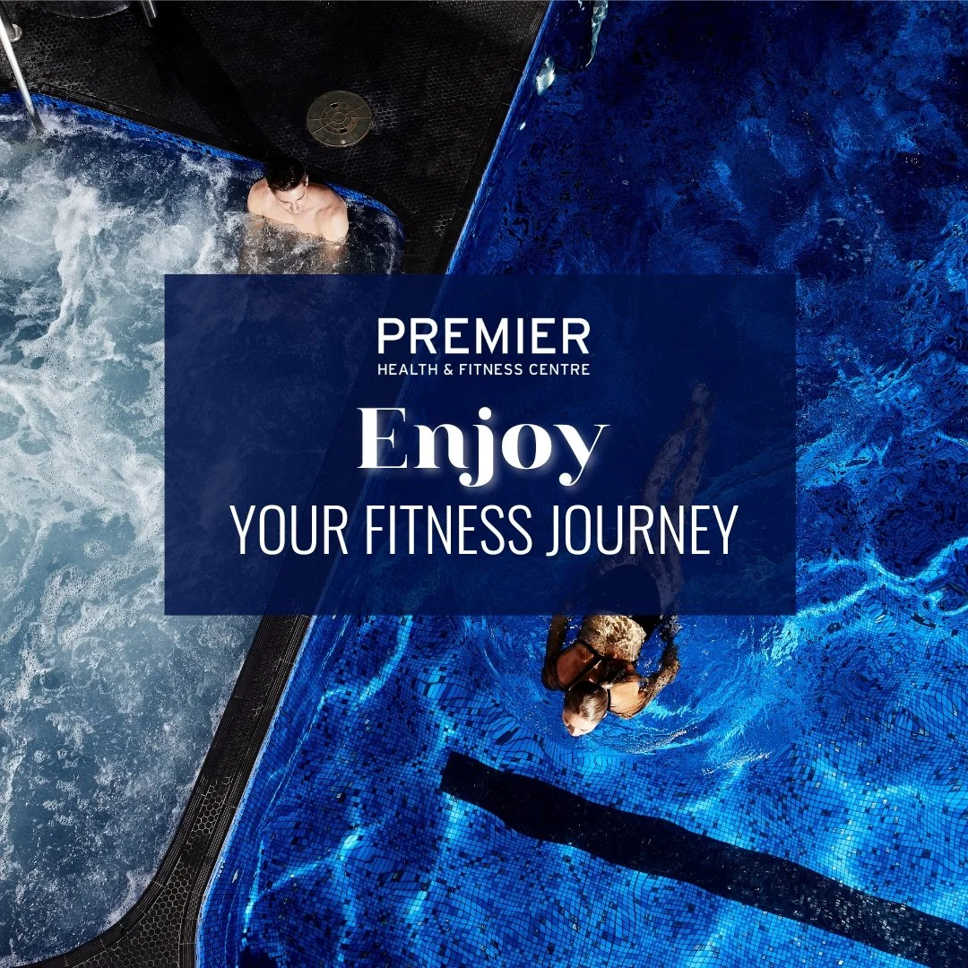 A person swimming in a blue-tiled pool next to a jacuzzi. Text overlay reads: 'Premier Health & Fitness Centre. Enjoy Your Fitness Journey.'