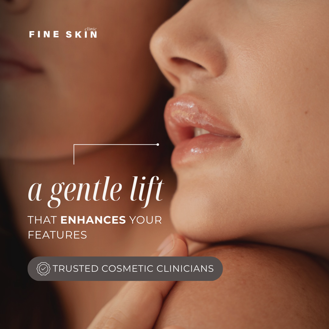 Close-up of a woman's face showcasing smooth skin and glossy lips, promoting a cosmetic clinic's skincare services.