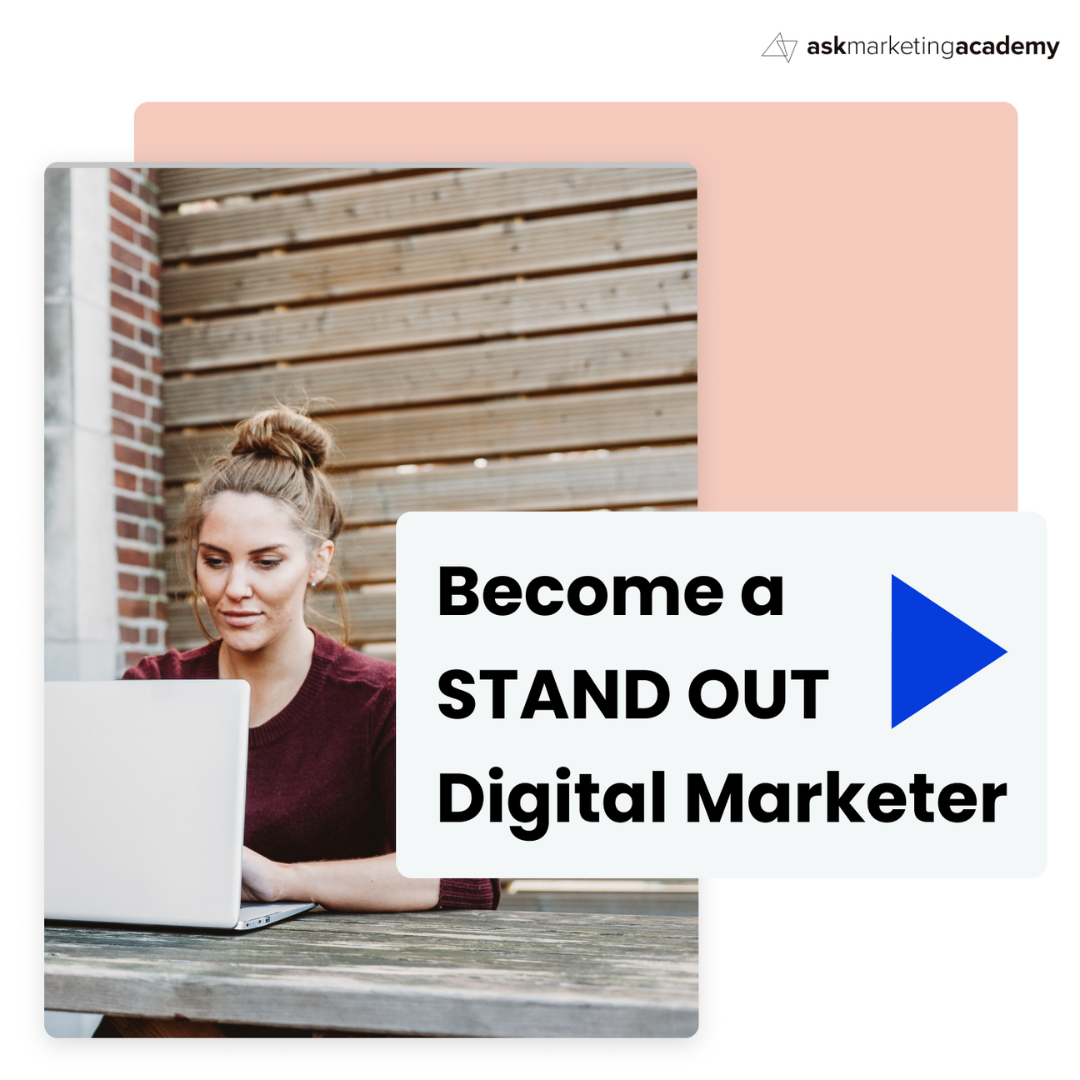 Woman working on a laptop outdoors with text overlay 'Become a Stand Out Digital Marketer' and logo of askmarketingacademy in the corner.