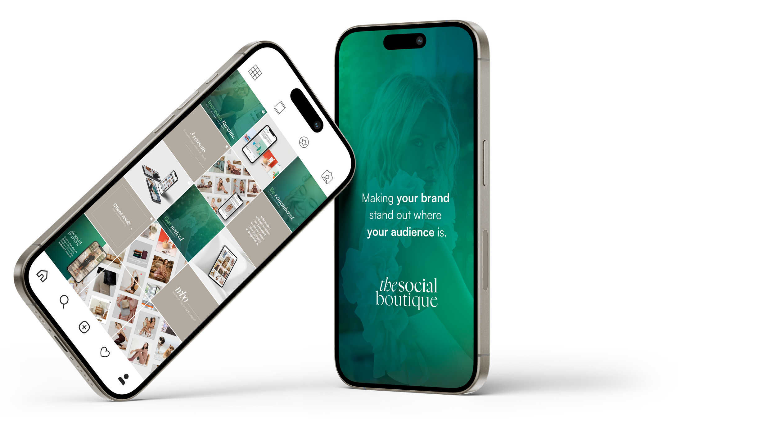 Two smartphones, one displaying a social media grid and the other showing branding text for "the social boutique."