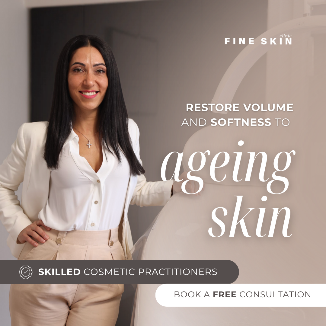 A woman with long dark hair wearing a white blazer and beige pants smiling at the camera, standing indoors next to a large medical imaging machine, with text promoting skincare services to restore volume and softness to aging skin, mentioning a free consultation.