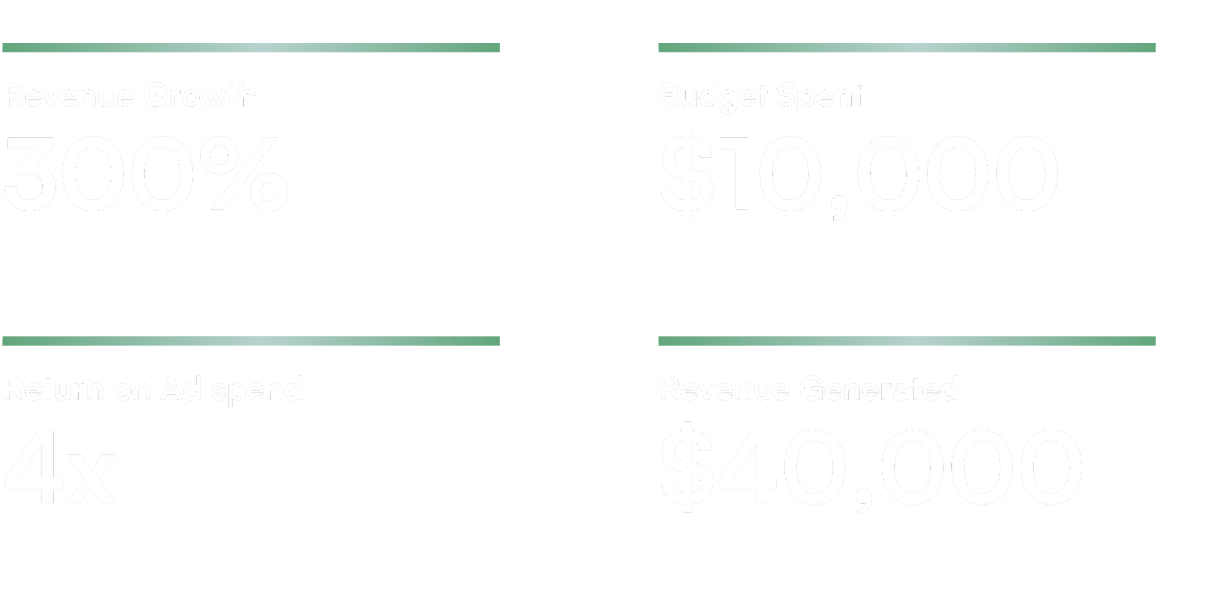 Infographic displaying business metrics: Revenue Growth at 300%, Budget Spent $10,000, Return on Ad Spend 4x, and Revenue Generated $40,000.