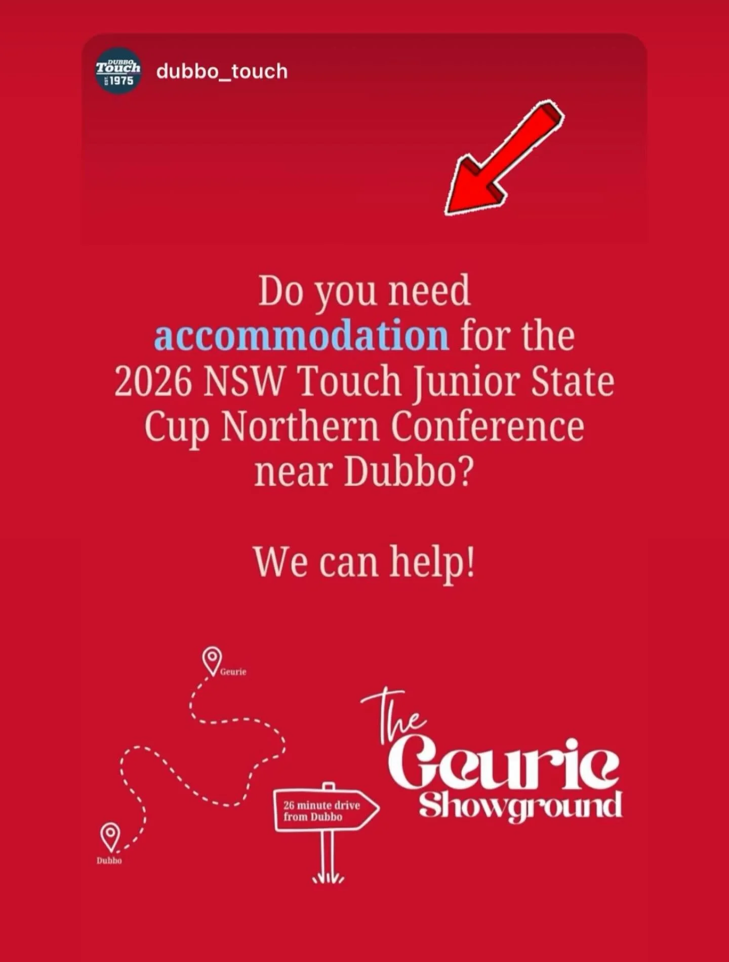 20-22 Feb 2026 the NSW TOUCH JUNIOR STATE CUP comes to Dubbo.

Accommodation is booked solid. News of the fabulous caravan, camping &amp; swag under the stars spot at the Geurie Showgrounds is being shared wide &amp; far.

Morrie (the manager of the 