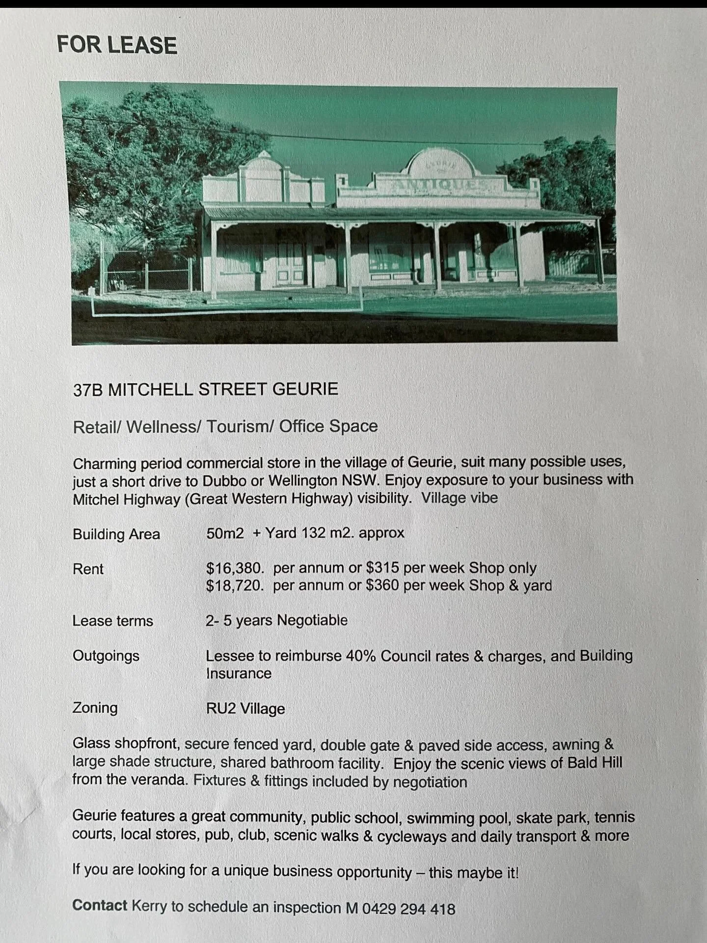 Shop for lease in Geurie! $315+GST / week and outgoings. Loo, kitchenette, covered outdoor area &amp; large glorious yard if setting up a nursery is your thing!

Call Kerry Palmer (number on flyer) to go down &amp; have a look.