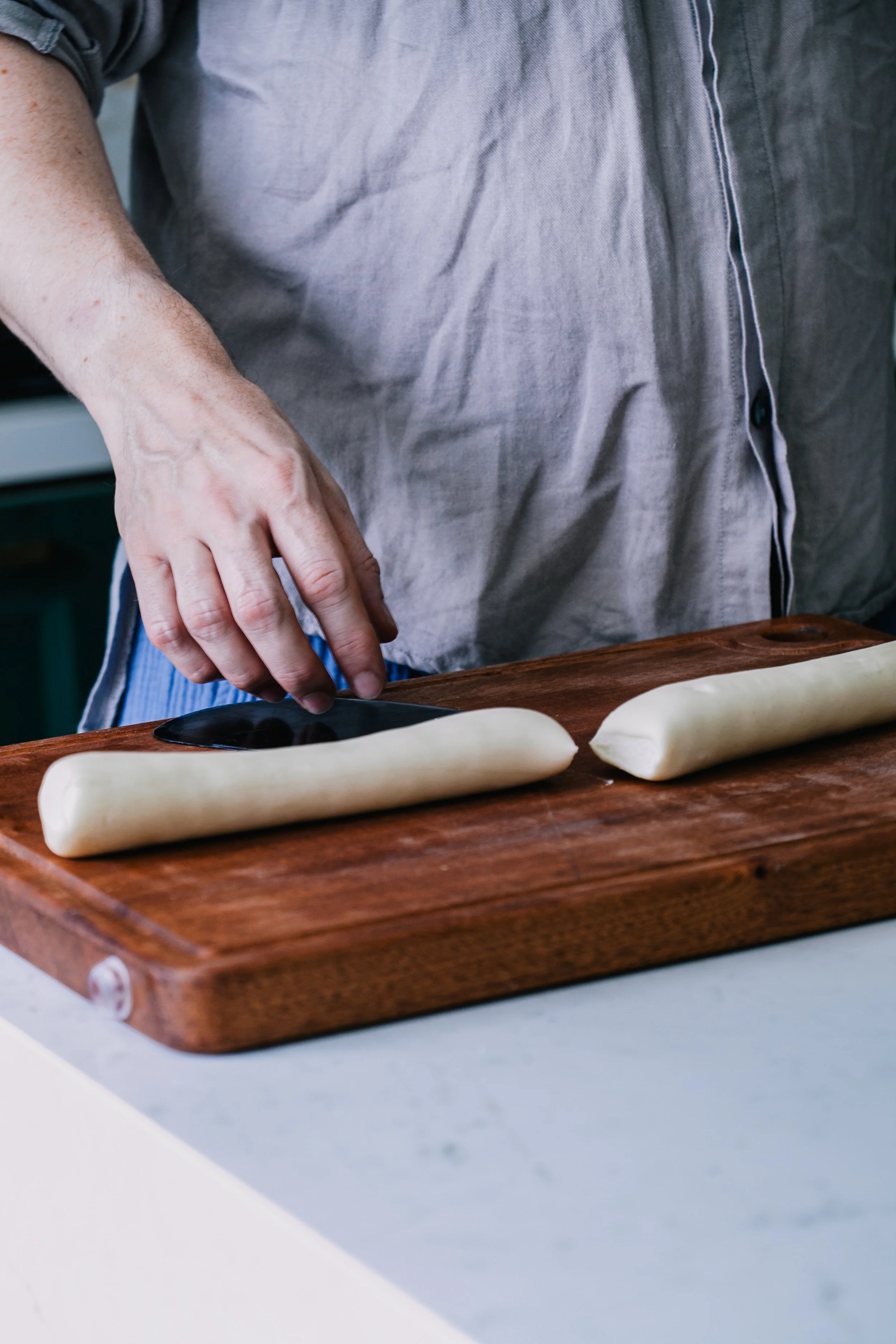 2. Cut the dough in half