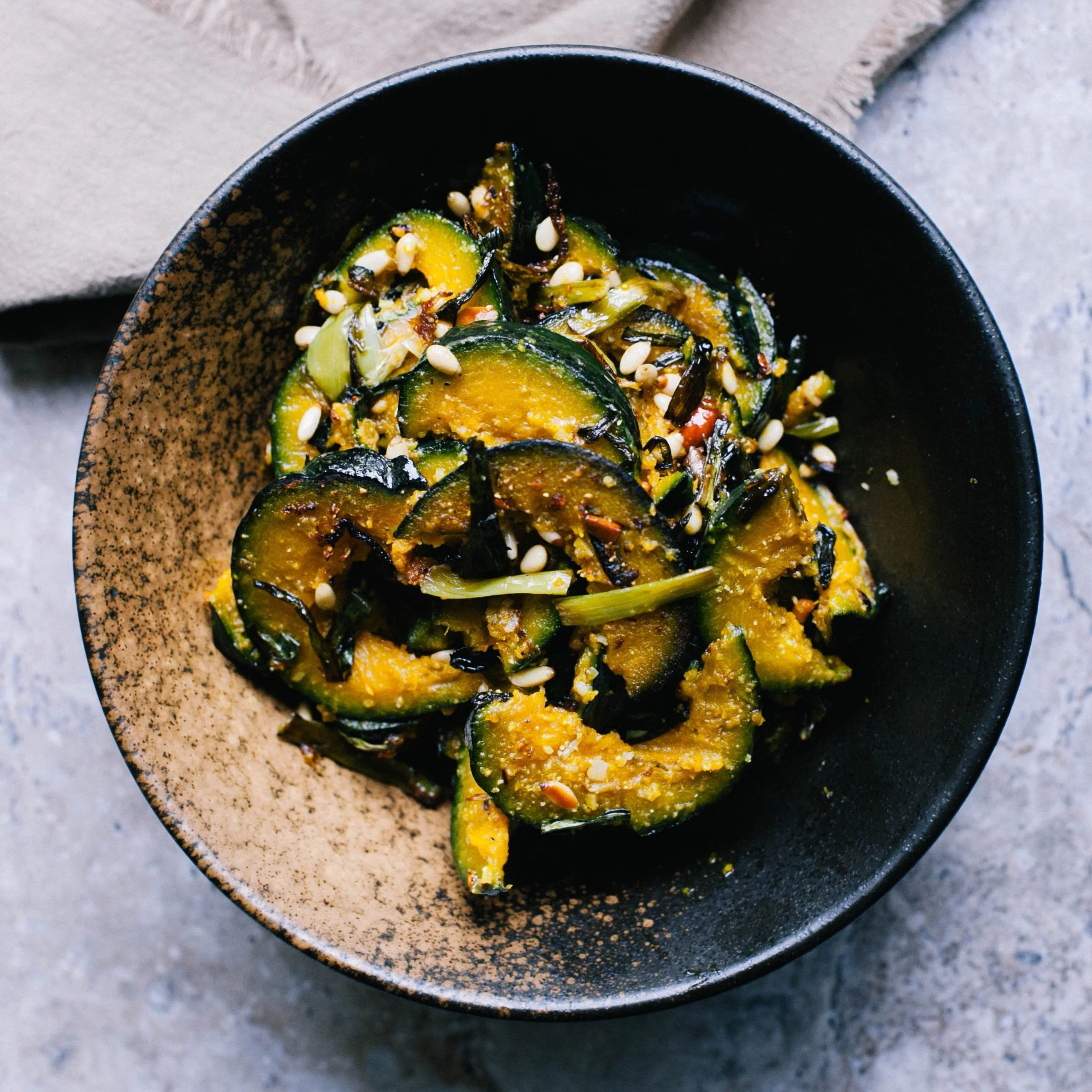 Stir-Fried Baby Pumpkin & Pine Nuts (葱油松仁炒贝贝南瓜)