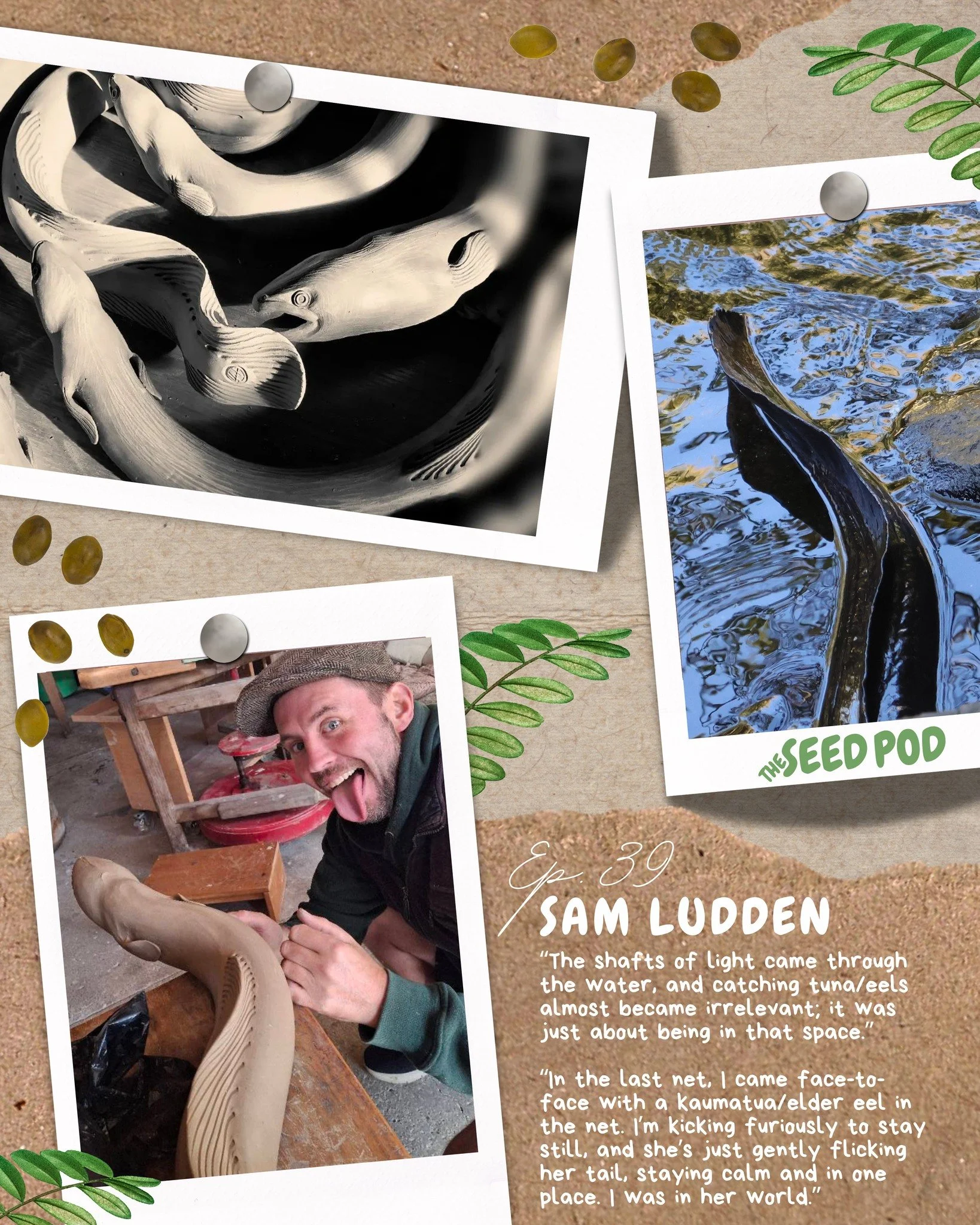 “The shafts of light came through the water, and catching tuna/eels almost became irrelevant; it was just about being in that space.”
“In the last net, I came face-to-face with a kaumatua/elder eel in the net. I’m kicking fur