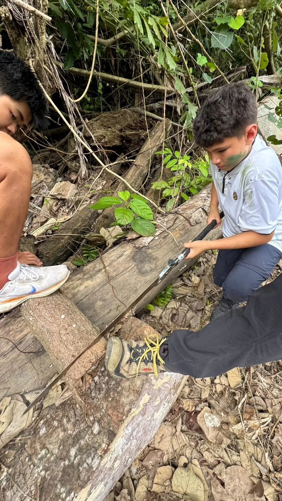 Boy with green face paint using a folding saw on a fallen log while an adult steadies it