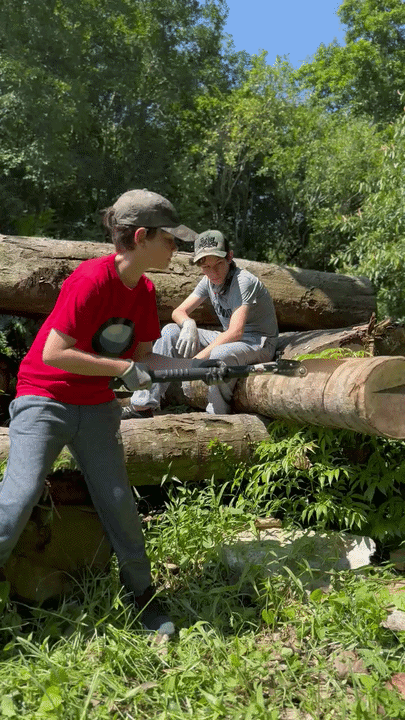 Boy pulling a large saw through a log while a second child sits on the timber holding it steady.