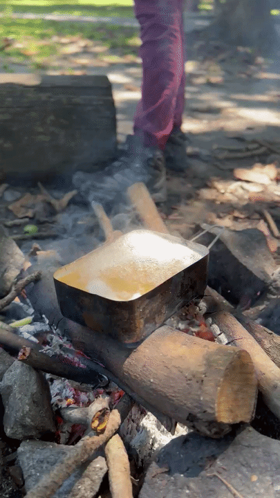 Metal mess tin of food simmering on burning logs at a campfire.
