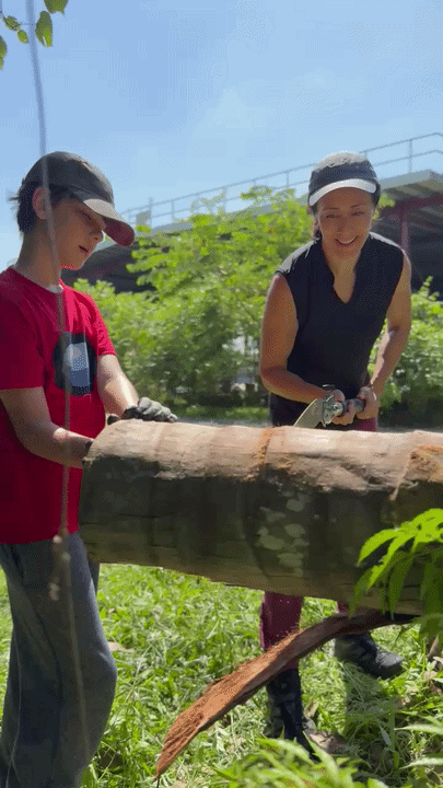 Mother and son working a hand saw back and forth through a log in a sunlit clearing.