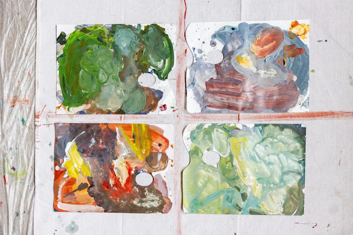 Colour and pallete play. Colour is vital and distinct within my practice. I spend a lot of time, having a lot of fun, mixing colours to grasp colours that resonate and remind me of places I have been. 

Here are some of the paper palletes used recent