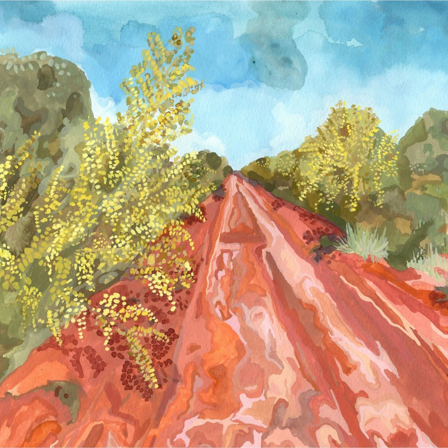 In Bloom. Gouache on watercolour paper. An oldie but a goodie, inspired by all the wattle that is coming into bloom as the seasons change in the north west. 

After a little bit of rain in the desert, wildflowers appear soon after. As if hiding away 