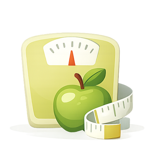 A weighing scale with a green apple and measuring tape in front of it.