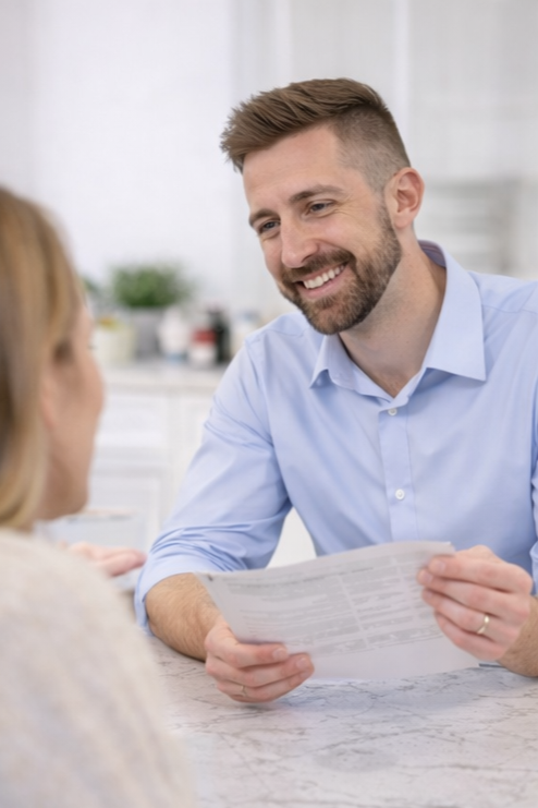 A man smiling and holding a document while talking to a woman in a bright, modern kitchen.