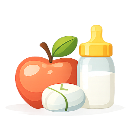 An apple, a breast milk bottle, and a pacifier.