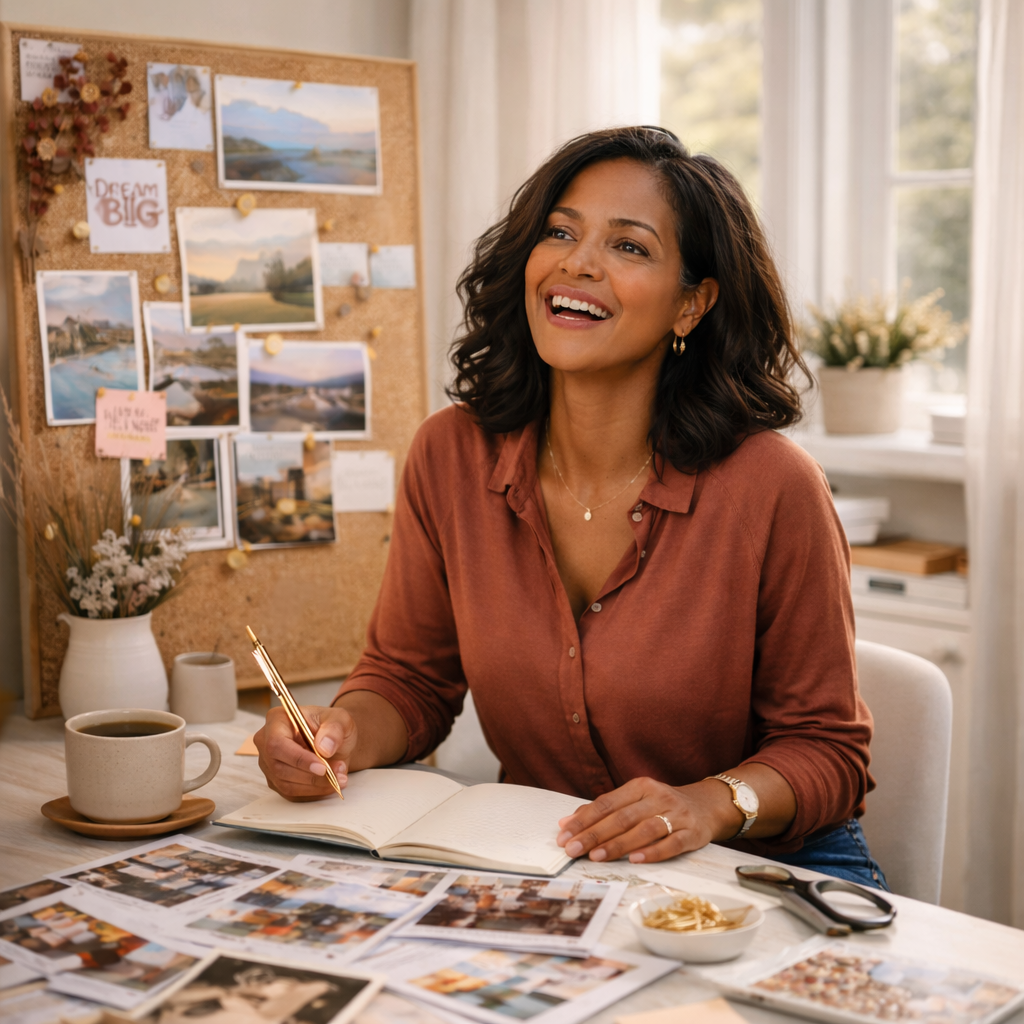 A woman with wavy dark hair wearing a rust-colored blouse, smiling and writing in a notebook at a desk with photos, a cup of coffee, and a pair of glasses, in a well-lit room with a corkboard containing pictures and notes in the background.