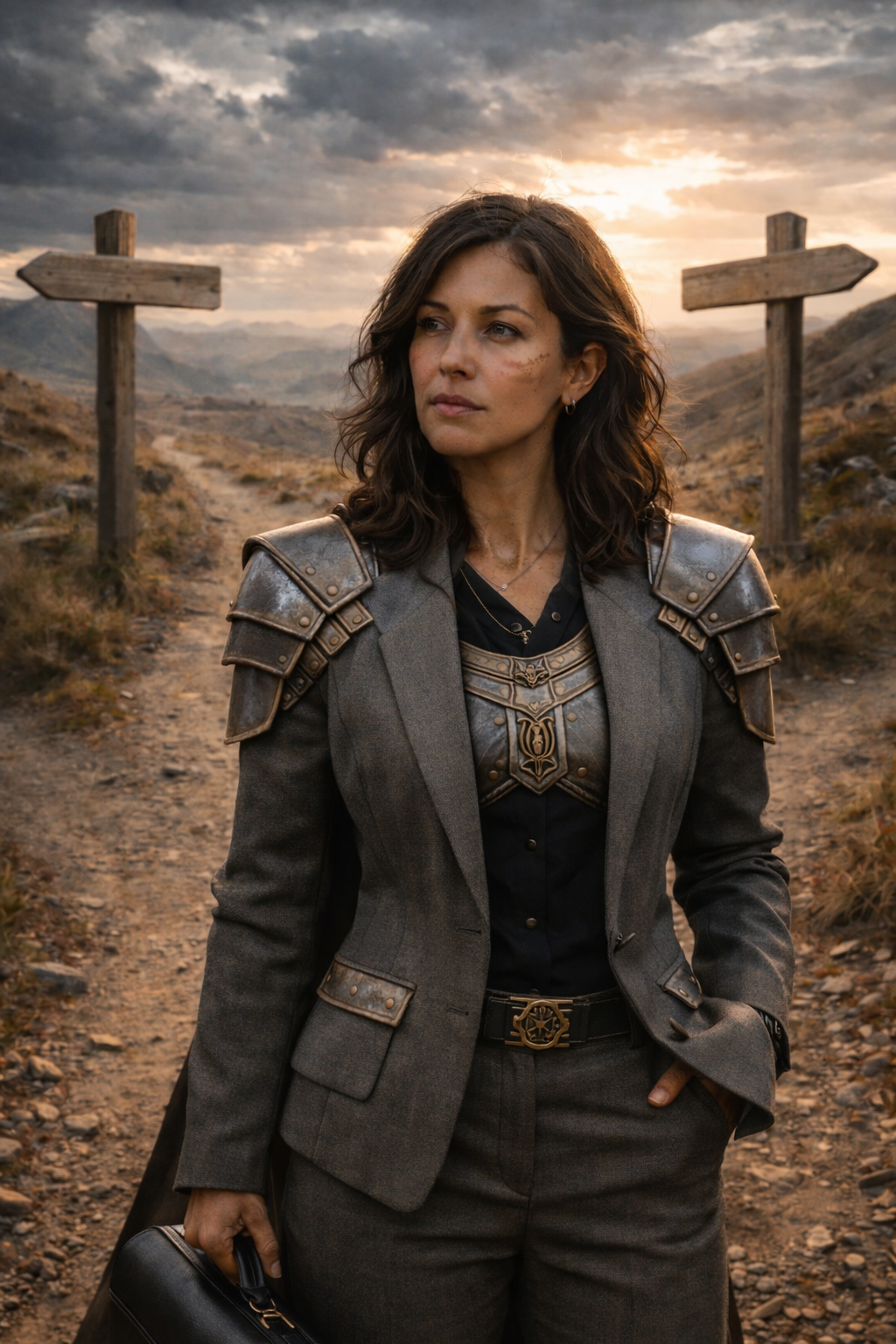 Woman in armor and business suit standing outdoors on a dirt path with wooden signposts, mountains, and cloudy sky at sunset.
