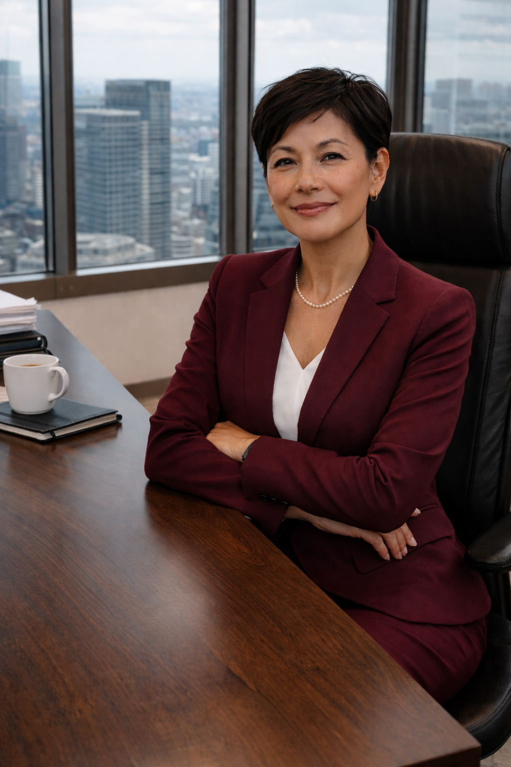 A confident woman with short dark hair sitting at a wooden desk in a modern high-rise office with a city skyline view, wearing a burgundy blazer, white blouse, and pearl necklace, smiling with arms crossed.