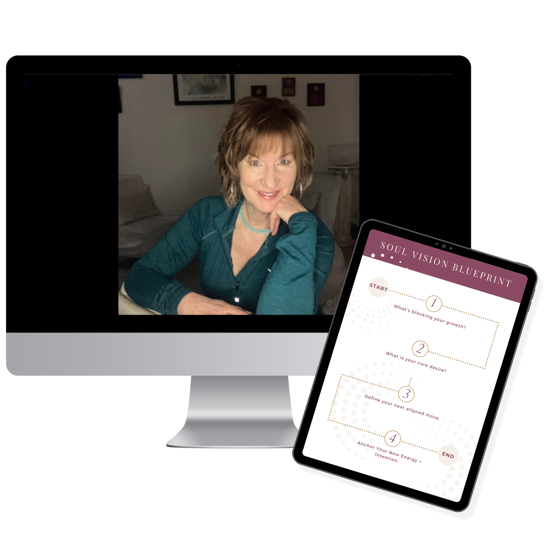 A woman smiling at a computer screen with a digital document titled 'Soul Vision Blueprint' displayed on the tablet in front of her.